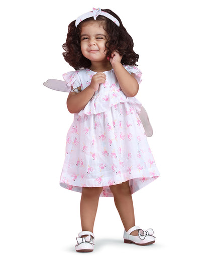 Polka Tots Pastel Pink & White Frock Dress-Flamingo Finger Print-Cotton Muslin-For Infants
