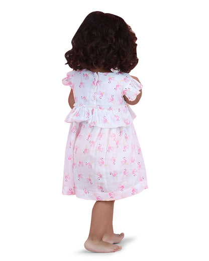 Polka Tots Pastel Pink & White Frock Dress-Flamingo Finger Print-Cotton Muslin-For Infants