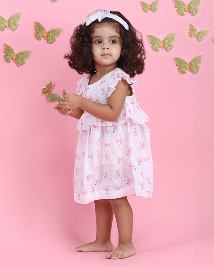 Polka Tots Pastel Pink & White Frock Dress-Flamingo Finger Print-Cotton Muslin-For Infants