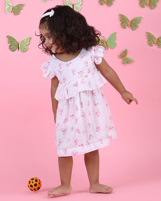 Polka Tots Pastel Pink & White Frock Dress-Flamingo Finger Print-Cotton Muslin-For Infants