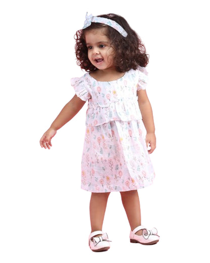 Polka Tots Multicolor Frock Dress-Bloomy Bear Print-Cotton Muslin-For Infants