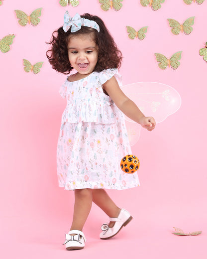 Polka Tots Multicolor Frock Dress-Bloomy Bear Print-Cotton Muslin-For Infants
