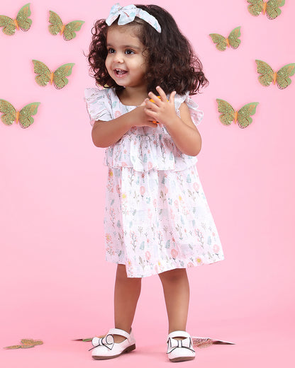 Polka Tots Multicolor Frock Dress-Bloomy Bear Print-Cotton Muslin-For Infants