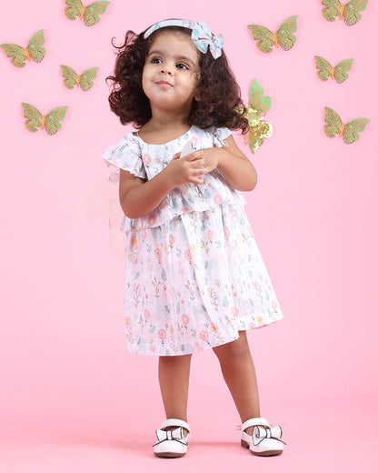 Polka Tots Multicolor Frock Dress-Bloomy Bear Print-Cotton Muslin-For Infants