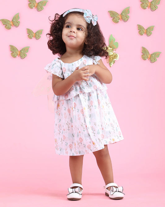 Polka Tots Multicolor Frock Dress-Bloomy Bear Print-Cotton Muslin-For Infants