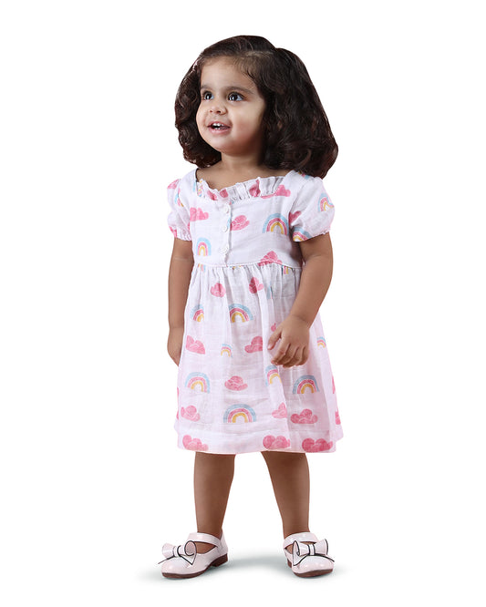 Polka Tots Pink & White Frock Dress-Rinbow Cloud Print-Cotton Muslin-For Infants
