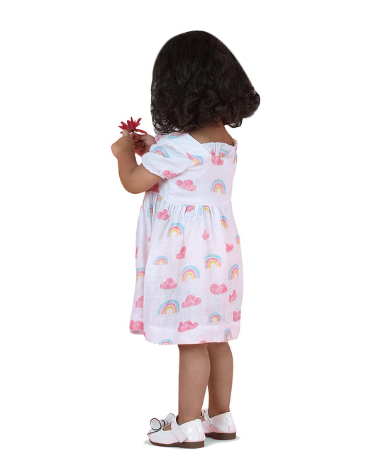 Polka Tots Pink & White Frock Dress-Rinbow Cloud Print-Cotton Muslin-For Infants