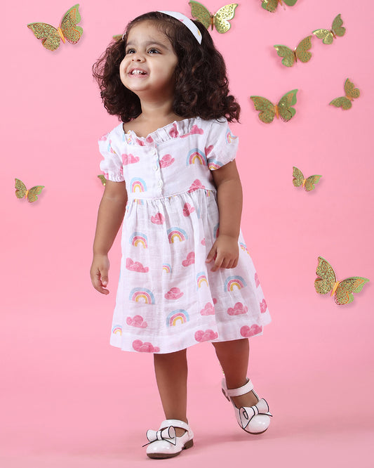 Polka Tots Pink & White Frock Dress-Rinbow Cloud Print-Cotton Muslin-For Infants