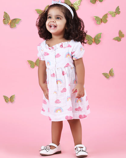 Polka Tots Pink & White Frock Dress-Rinbow Cloud Print-Muslin Cotton-For Infants