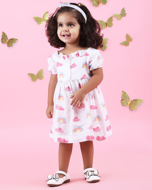 Polka Tots Pink & White Frock Dress-Rinbow Cloud Print-Cotton Muslin-For Infants