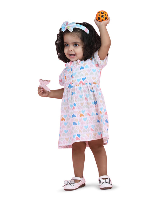 Polka Tots Multicolor Frock Dress-Mini Hearts Print-Cotton Muslin-For Infants