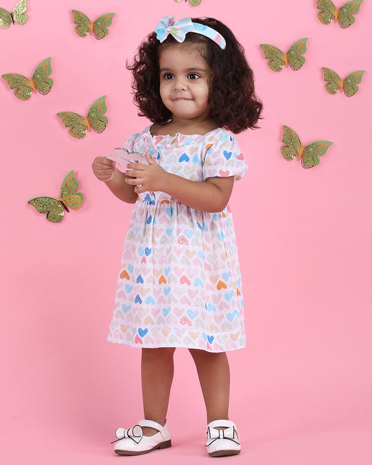 Polka Tots Multicolor Frock Dress-Mini Hearts Print-Cotton Muslin-For Infants