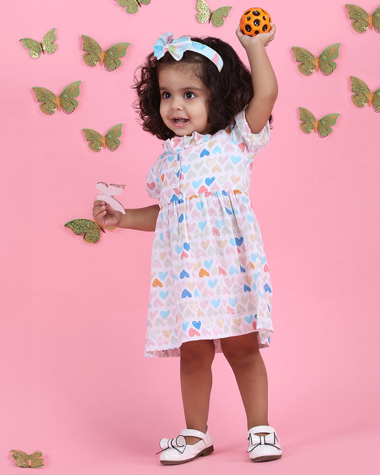 Polka Tots Multicolor Frock Dress-Mini Hearts Print-Cotton Muslin-For Infants