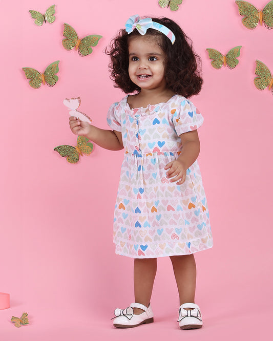 Polka Tots Multicolor Frock Dress-Mini Hearts Print-Cotton Muslin-For Infants