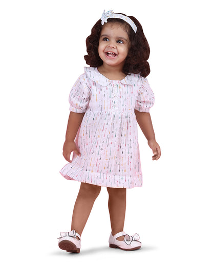Polka Tots White Frock Dress-Arrow Print-Cotton Muslin-For Infants