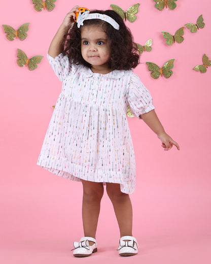 Polka Tots White Frock Dress-Arrow Print-Cotton Muslin-For Infants