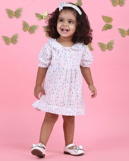 Polka Tots White Frock Dress-Arrow Print-Cotton Muslin-For Infants