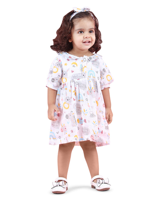Polka Tots Multicolor Frock Dress-Hello Baby Print-Cotton Muslin-For Infants