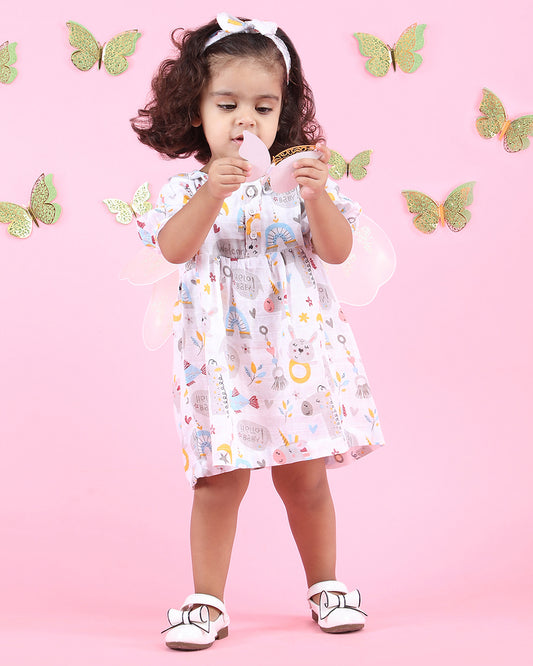 Polka Tots Multicolor Frock Dress-Hello Baby Print-Cotton Muslin-For Infants