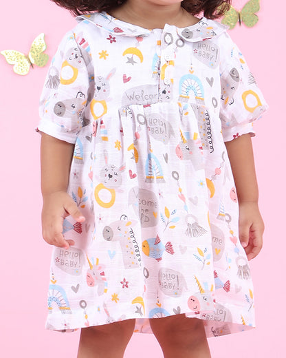 Polka Tots Multicolor Frock Dress-Hello Baby Print-Cotton Muslin-For Infants