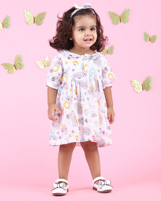 Polka Tots Multicolor Frock Dress-Hello Baby Print-Cotton Muslin-For Infants