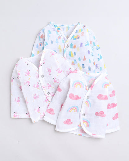 Polka Tots Multicolor-Jhabla-Rainbow Mist, Flamingo Fingers & Tiny Town Print-Cotton-Pack of 3-For Infants