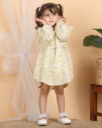 Polka Tots Yellow-Frock Dress-Floral Print-Muslin Cotton-For Infants