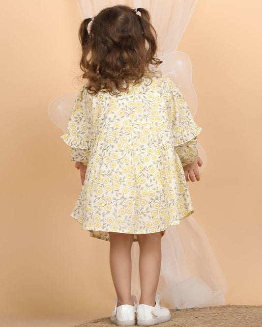Polka Tots Yellow-Frock Dress-Floral Print-Cotton Muslin-For Infants
