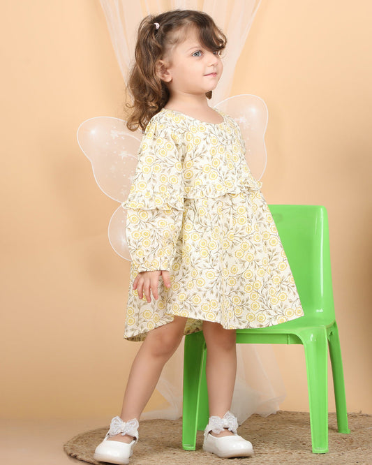 Polka Tots Yellow-Frock Dress-Floral Print-Cotton Muslin-For Infants