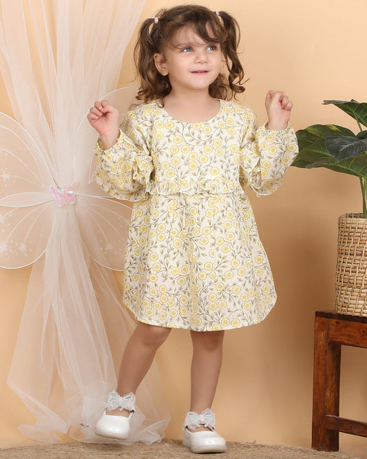 Polka Tots Yellow-Frock Dress-Floral Print-Cotton Muslin-For Infants