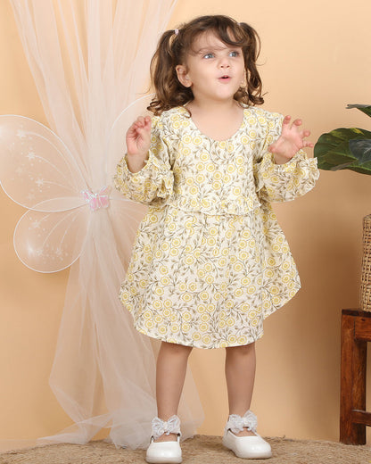 Polka Tots Yellow-Frock Dress-Floral Print-Muslin Cotton-For Infants