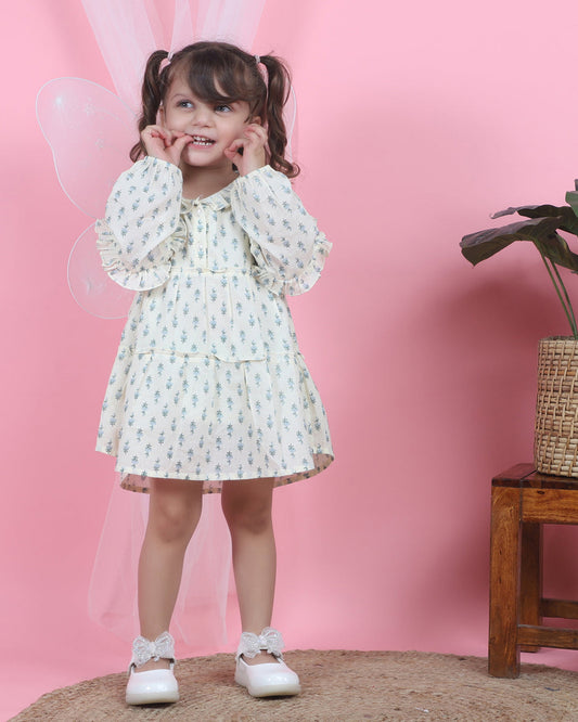Polka Tots Off White-Frock Dress-Floral Print-Cotton Muslin-For Infants