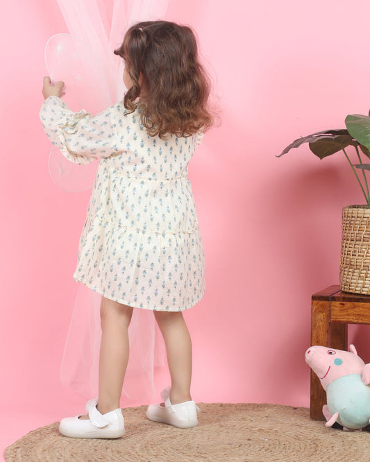 Polka Tots Off White-Frock Dress-Floral Print-Cotton Muslin-For Infants