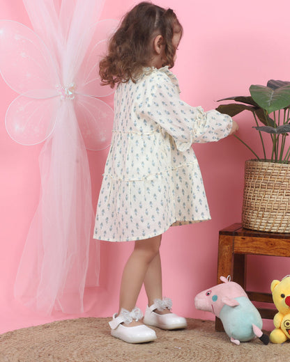 Polka Tots Off White-Frock Dress-Floral Print-Muslin Cotton-For Infants