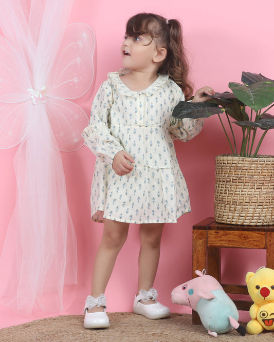 Polka Tots Off White-Frock Dress-Floral Print-Cotton Muslin-For Infants
