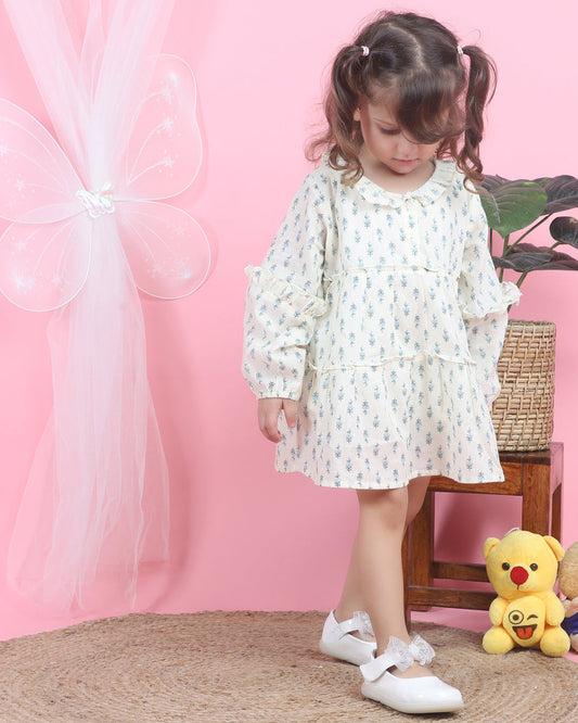 Polka Tots Off White-Frock Dress-Floral Print-Cotton Muslin-For Infants