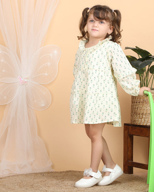 Polka Tots Cream-Frock Dress-Floral Print-Cotton Muslin-For Infants