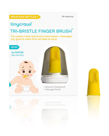 Tinycrawl Tri-Bristle Silicone Finger Baby Toothbrush-With Tongue Cleaner-0 to 24M-Yellow