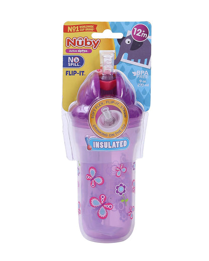 Nuby Flip-it Insulated Straw Sipper-With Soft Silicone Straw-Double Wall Insulated-Purple-270 ml