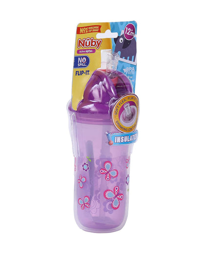 Nuby Flip-it Insulated Straw Sipper-With Soft Silicone Straw-Double Wall Insulated-Purple-270 ml