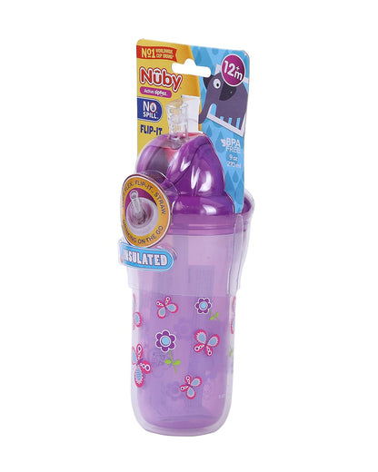 Nuby Flip-it Insulated Straw Sipper-With Soft Silicone Straw-Double Wall Insulated-Purple-270 ml