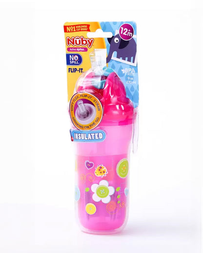 Nuby Flip-it Insulated Straw Sipper-With Soft Silicone Straw-Double Wall Insulated-Pink-270 ml