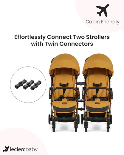 Leclerc Influencer Air Twin Stroller-Air Cabin Friendly-Flat Reclining Seat-One Touch Fold-Includes Individual Travel Bags & Twin Stroller Connectors-2 Years Warranty-For 6M to 5Y (Upto 22 Kg Each Stroller)-Golden Mustard