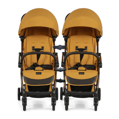 Leclerc Influencer Air Twin Stroller-Air Cabin Friendly-Flat Reclining Seat-One Touch Fold-Includes Individual Travel Bags & Twin Stroller Connectors-2 Years Warranty-For 6M to 5Y (Upto 22 Kg Each Stroller)-Golden Mustard