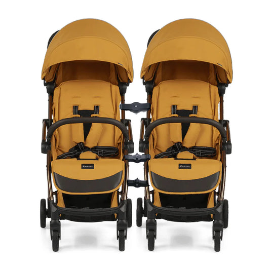 Leclerc Influencer Air Twin Stroller-Air Cabin Friendly-Flat Reclining Seat-One Touch Fold-Includes Individual Travel Bags & Twin Stroller Connectors-2 Years Warranty-For 6M to 5Y (Upto 22 Kg Each Stroller)-Golden Mustard