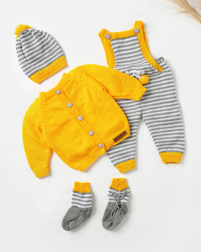 The Original Knit Yellow & Grey Winter Wear Dungaree Set-Sunny Stripes-Acrylic-For Infants