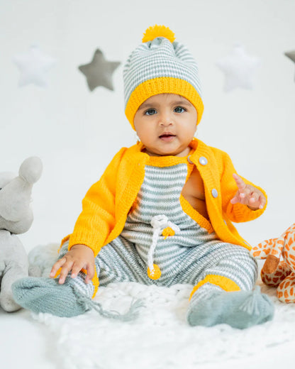 The Original Knit Yellow & Grey Winter Wear Dungaree Set-Sunny Stripes-Acrylic-For Infants