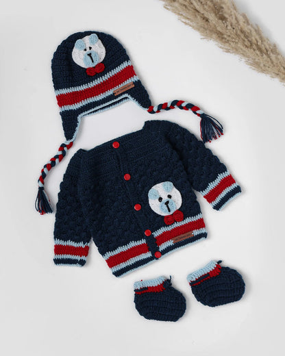 The Original Knit Navy Blue & Red Winter Wear Sweater-Teddy in a Bow-Acrylic-For Infants