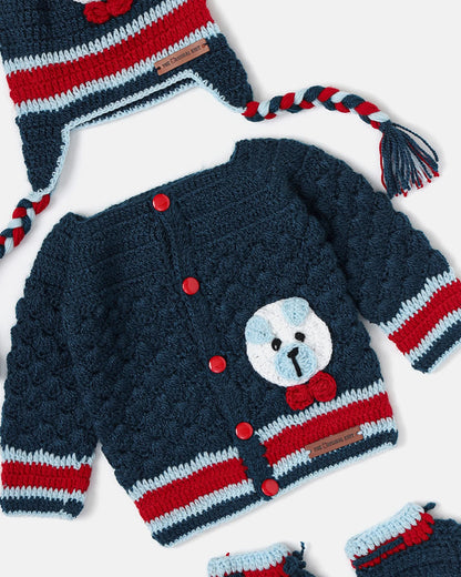 The Original Knit Navy Blue & Red Winter Wear Sweater-Teddy in a Bow-Acrylic-For Infants