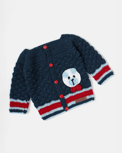 The Original Knit Navy Blue & Red Winter Wear Sweater-Teddy in a Bow-Acrylic-For Infants